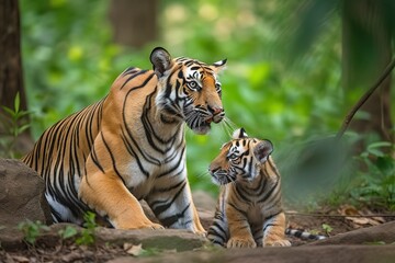Siberian tiger (Panthera tigris altaica) female, with cub peering through vegetation, Captive.