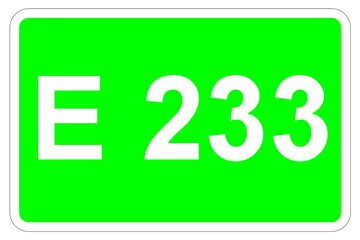 Illustration eines Europastraßenschildes der E 233 in Europa	