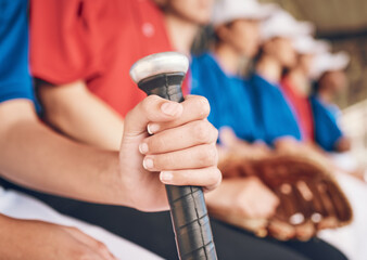 Hand, softball and bat with sports and team, fitness and mission with closeup, people in dugout watching game. Athlete group, exercise and support with collaboration and baseball player in club - obrazy, fototapety, plakaty
