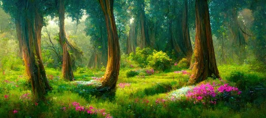 Enchanted magic forest, majestic ancient old trees, mystical woodland glade in warm autumn colors. colorful flowers and green grass, dreamy fairytale fantasy wonderland - generative AI	