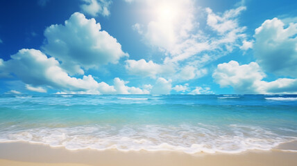 A summer vacation, holiday background of a tropical beach and blue sea and white clouds with sun flare. Generative AI