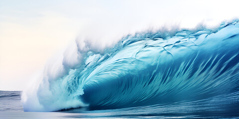 Fototapeta na wymiar Big wave breaking at sunset stock, Close up detail of powerful teal blue wave breaking in open ocean on a bright sunny afternoon stock, White Wave Breaks Through Blue Seas Background, generative Ai