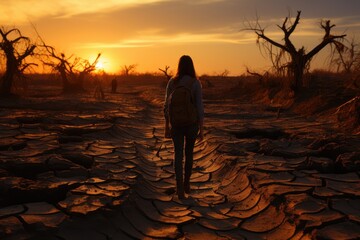 Resilient Footsteps: A Traveler's Shadow Moves Across Arid, Cracked Earth, Evoking the Tale of Challenges Faced and Overcome Generative AI
