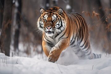 Siberian tiger (Panthera tigris altaica), captive, running in the snow, jumping, Moravia, Czech Republic, Europe