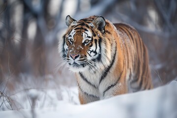 Fototapeta na wymiar Siberian tiger (Panthera tigris altaica) juvenile running in snow, captive, Moravia, Czech Republic, Europe
