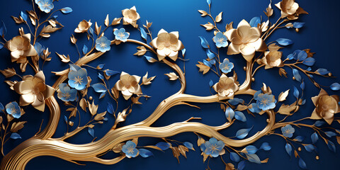 A blue and gold wallpaper with gold leaves and branches, Elegant Gold And  Blue Floral Tree With Seamless Leaves Flowers Hanging Branches, A gold tree with leaves on  blue background, generative Ai