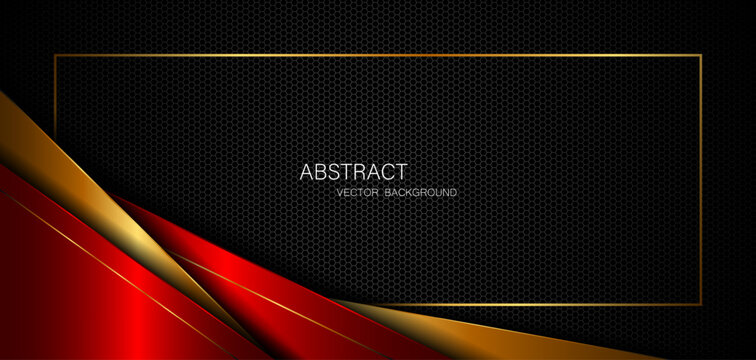 Abstract red and gold polygon with golden lines on dark steel mesh background with empty space for design. modern technology innovation concept background	