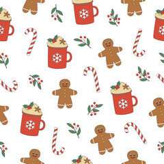 Groovy Christmas seamless pattern. Red cup, gingerbread man and candy cane in trendy retro cartoon style. Background for winter festive design
