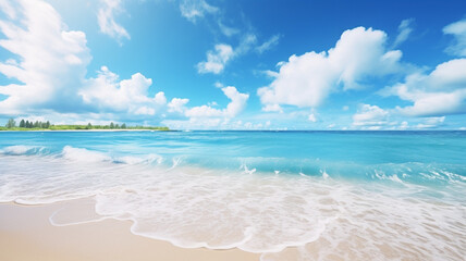 Obraz premium A summer vacation, holiday background of a tropical beach and blue sea and white clouds with sun flare. Generative AI