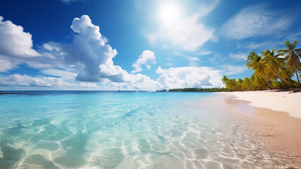 A summer vacation, holiday background of a tropical beach and blue sea and white clouds with sun flare. Generative AI