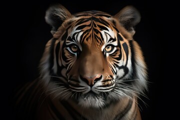 Photo close-up bengal tiger and black background.