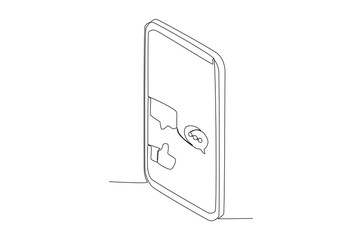 Single continuous line drawing of a mobile phone with likes and comments icon
