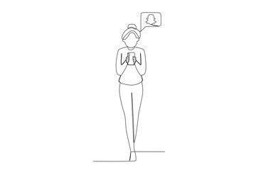 Single continuous line drawing of a women who use using snapchat social media while walking

