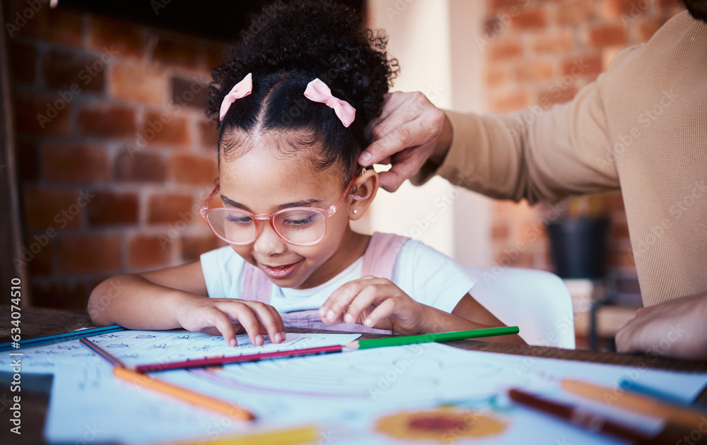 Poster homework, drawing and child at home with parent, care and learning for project. young girl, problem 