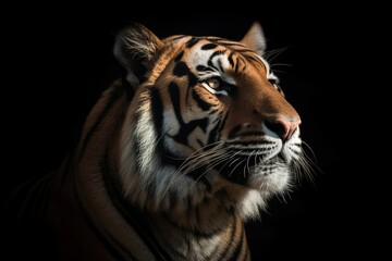 Photo close up on tiger panthera tigris sumatrae on black background