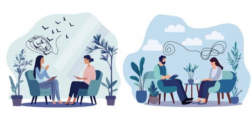 Counseling theme: A lady in a therapy session at a psychologists clinic. Conversation with a mental health professional about stress, addiction, and mind challenges. Vector