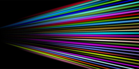 Colorful light trails with motion effect. Vector illustration of high speed light effect on black background.