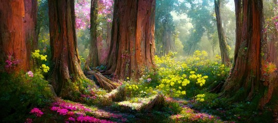 Enchanted magic forest, majestic ancient old trees, mystical woodland glade in warm autumn colors. colorful flowers and green grass, dreamy fairytale fantasy wonderland - generative AI	 - obrazy, fototapety, plakaty