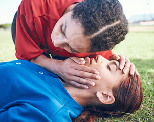 CPR, breathing check and woman on field for sport, fitness and game with accident and emergency....