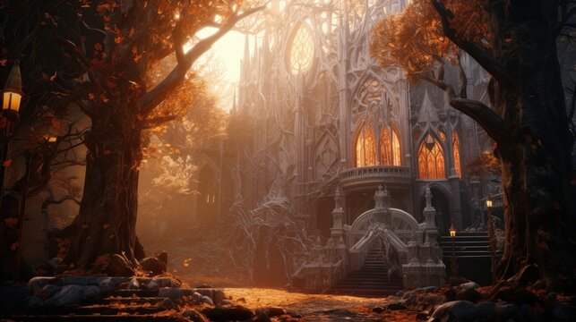 elvish castle in autumn forest with massive trees and extremely intricate structures