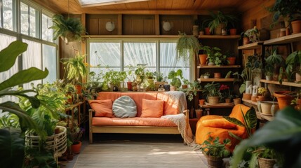 Fototapeta premium tidy room filled with indoor houseplants, cozy cottage, warm colors