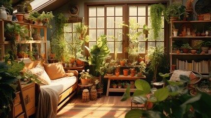 Fototapeta na wymiar tidy room filled with indoor houseplants, cozy cottage, warm colors