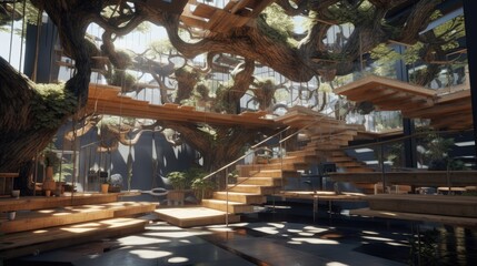urban atriums hyperdetailed hyperrealistic tree house