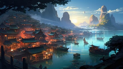 beautiful floating village in the evening sunlight