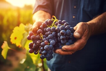 Male Farmer's Hands Harvesting Grapes from the Vineyard, Generative Ai