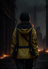 Silhouette of girl in hood at apocalyptic city
