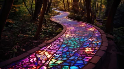 Foto op Plexiglas Bosweg path of beautiful brightly colored luminous glass paved with stained glass winding through the forest