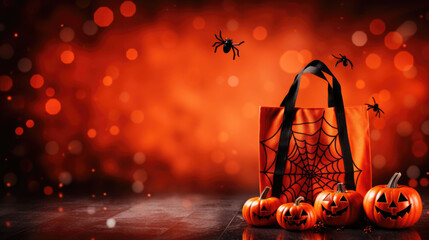 Bag and decor for Halloween on an orange background. Holiday shopping and sale concept. AI generated