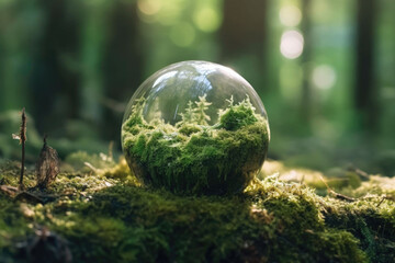 Obraz na płótnie Canvas Crystal ball with plants on moss in forest environmental. Earth day concept. Generative AI
