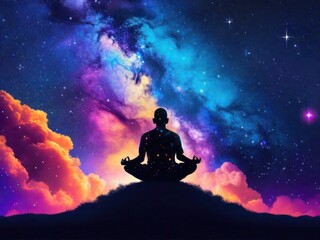 Back of man practicing yoga at night with starlit background.generative AI