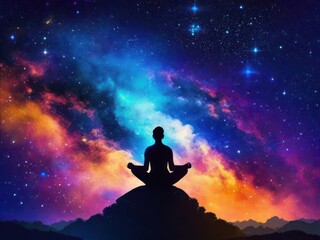 Back of man practicing yoga at night with starlit background.generative AI