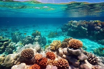 Fototapeta na wymiar Underwater view of coral reef and tropical fish. Radiant sea with sun reflection.