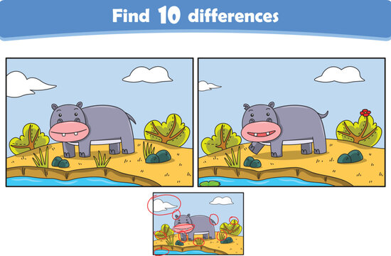 Funny cartoon hippopotamus. Find 10 differences. Kids Education games. Cartoon vector illustration