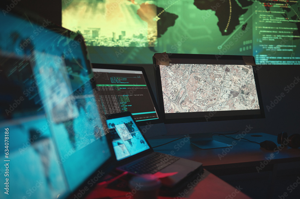 Poster computer, dark and monitor for global cyber security, government research or data capturing. softwar