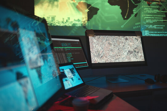 Computer, Dark And Monitor For Global Cyber Security, Government Research Or Data Capturing. Software, Office And A Desk With Pc For World Server, Surveillance Agency Or Information For Analysis