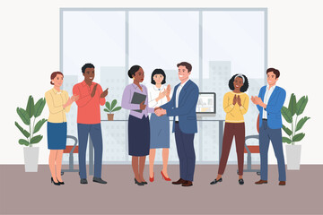 Business team celebrates successful project. Men and women in full height clapping  thanking or showing appreciation at event.  Vector cartoon flat style illustration
