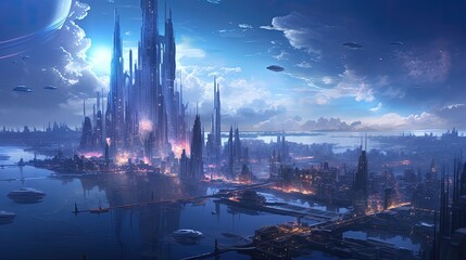 Beautiful science-fiction future city painting