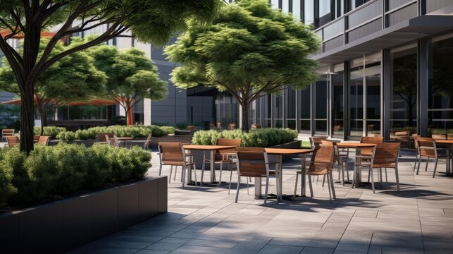 outdoor plaza of a contemporary downtown office building outdoor seating and tables and chairs with landscaping natural grasses and trees small stand alone coffee shop