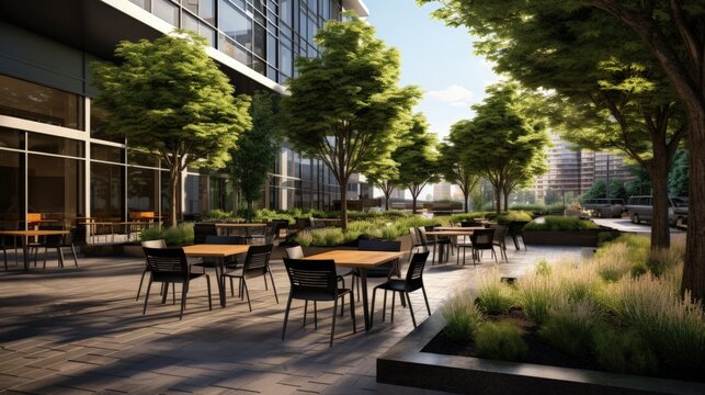 outdoor plaza of a contemporary downtown office building outdoor seating and tables and chairs with landscaping natural grasses and trees small stand alone coffee shop