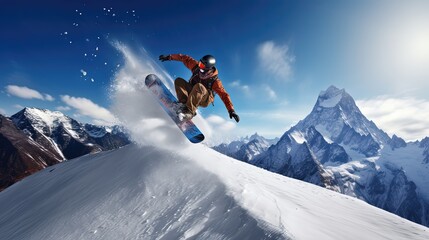 Naklejka na ściany i meble snowboarder jumping on the slope