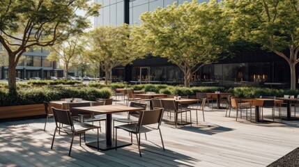 outdoor plaza of a contemporary downtown office building outdoor seating and tables and chairs with...