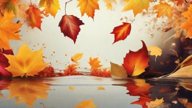 Background image of maple leaves falling into the water.generative AI