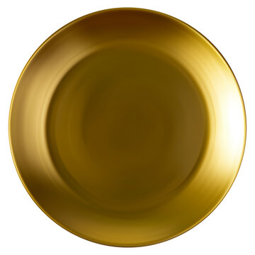 Top view of empty gold plate isolated on background. Golden dish.
