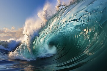 Blue ocean wave with big splashes.