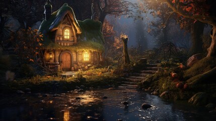 halloween haunted house in the forest, swamp witch hut