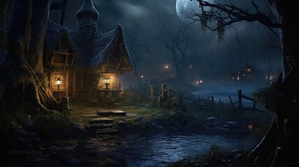 halloween haunted house in the forest, swamp witch hut